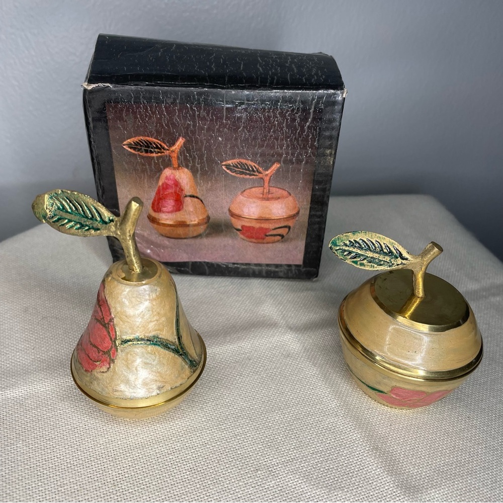 Pear and Apple enamelled brass trinkets, brass apple and pear. NWT